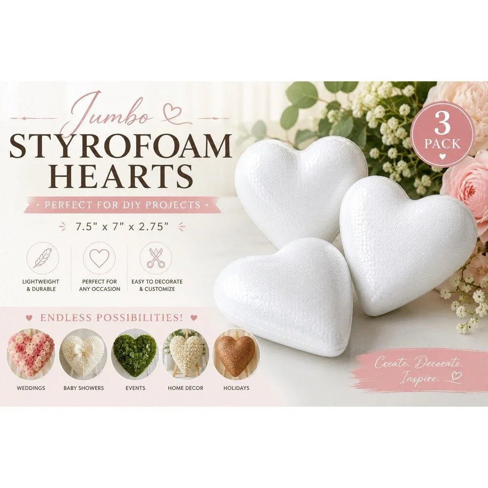 3 Pack White Polystyrene Foam Hearts Crafting DIY Crafts Decorative 7.5x7x2.75in